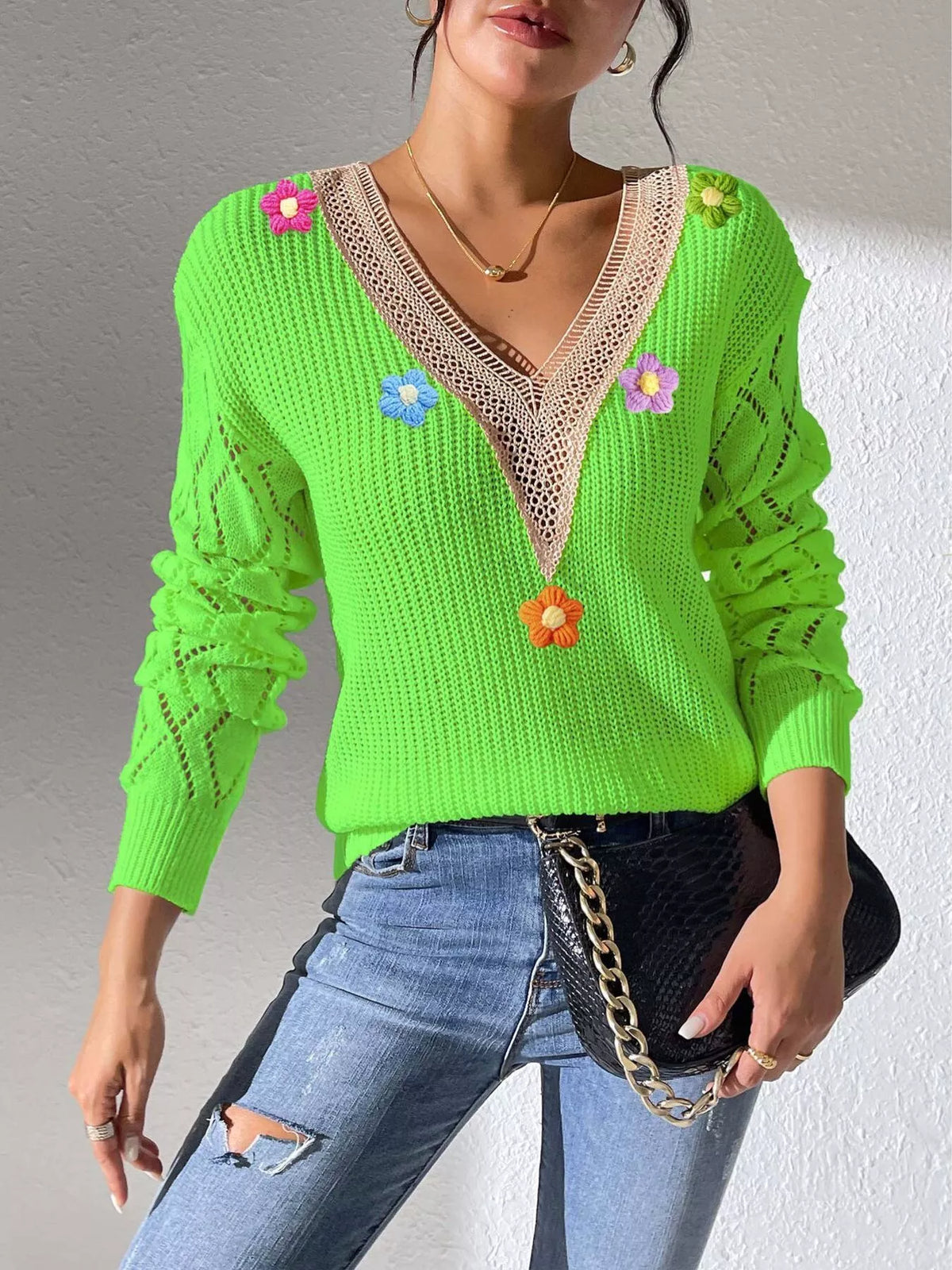 Floral Applique V-Neck Openwork Sweater