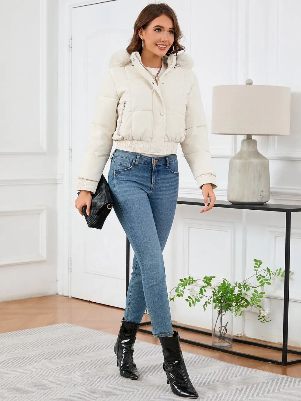 Pocketed Long Sleeve Cropped Hooded Winter Coat - Lilixa.store