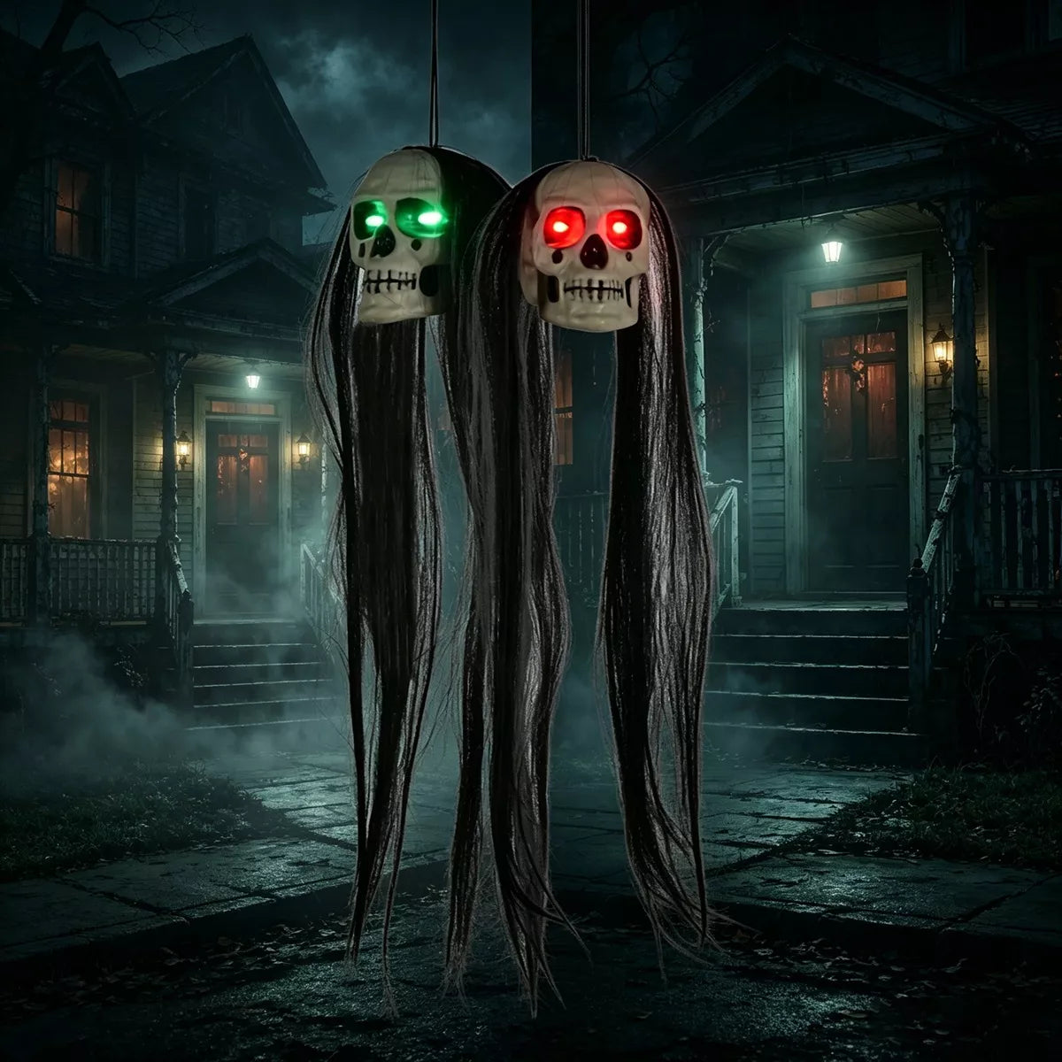 Halloween Hanging Dual-Skull with Glowing Eyes and Long Hair - Lilixa.store