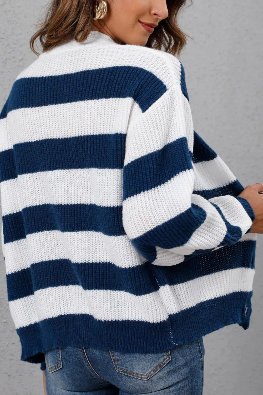 Striped Button Up Long Sleeve Sweater - Lilixa.store