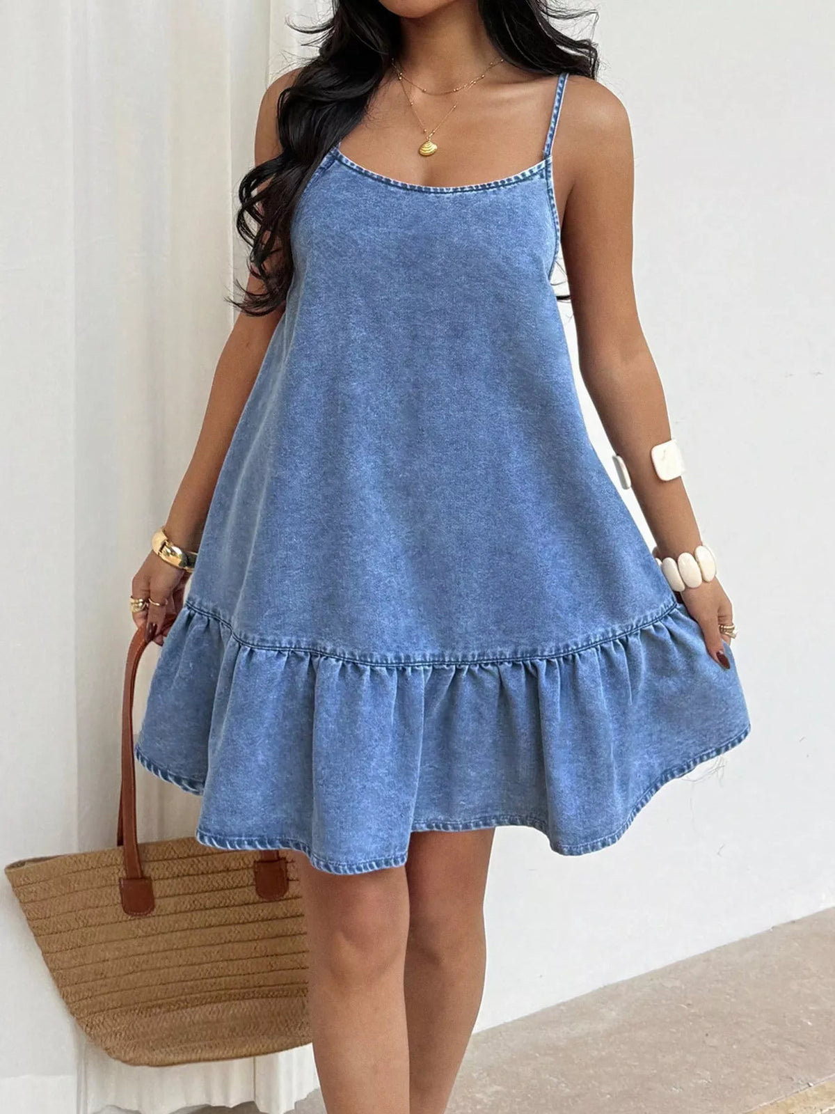 Casual Spaghetti Strap Ruffle Hem Denim Dress in Blue, view 2