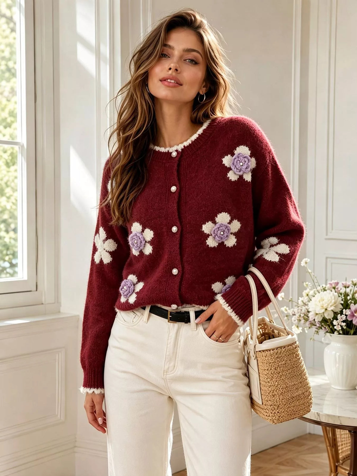 Floral Applique Button-Down Knit Cardigan, view 19