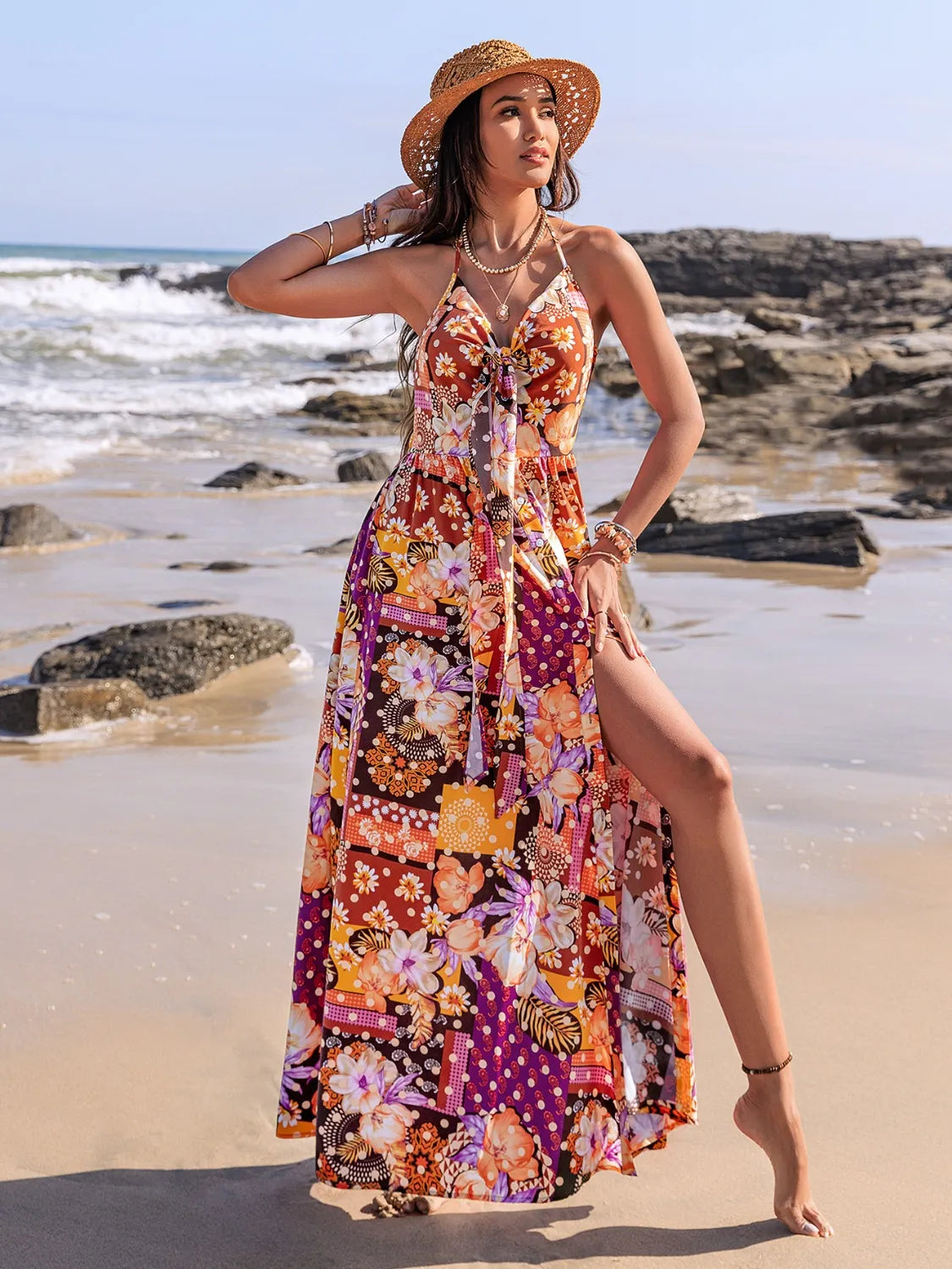 Slit Printed Halter Neck Cami Dress in Multicolor, view 8