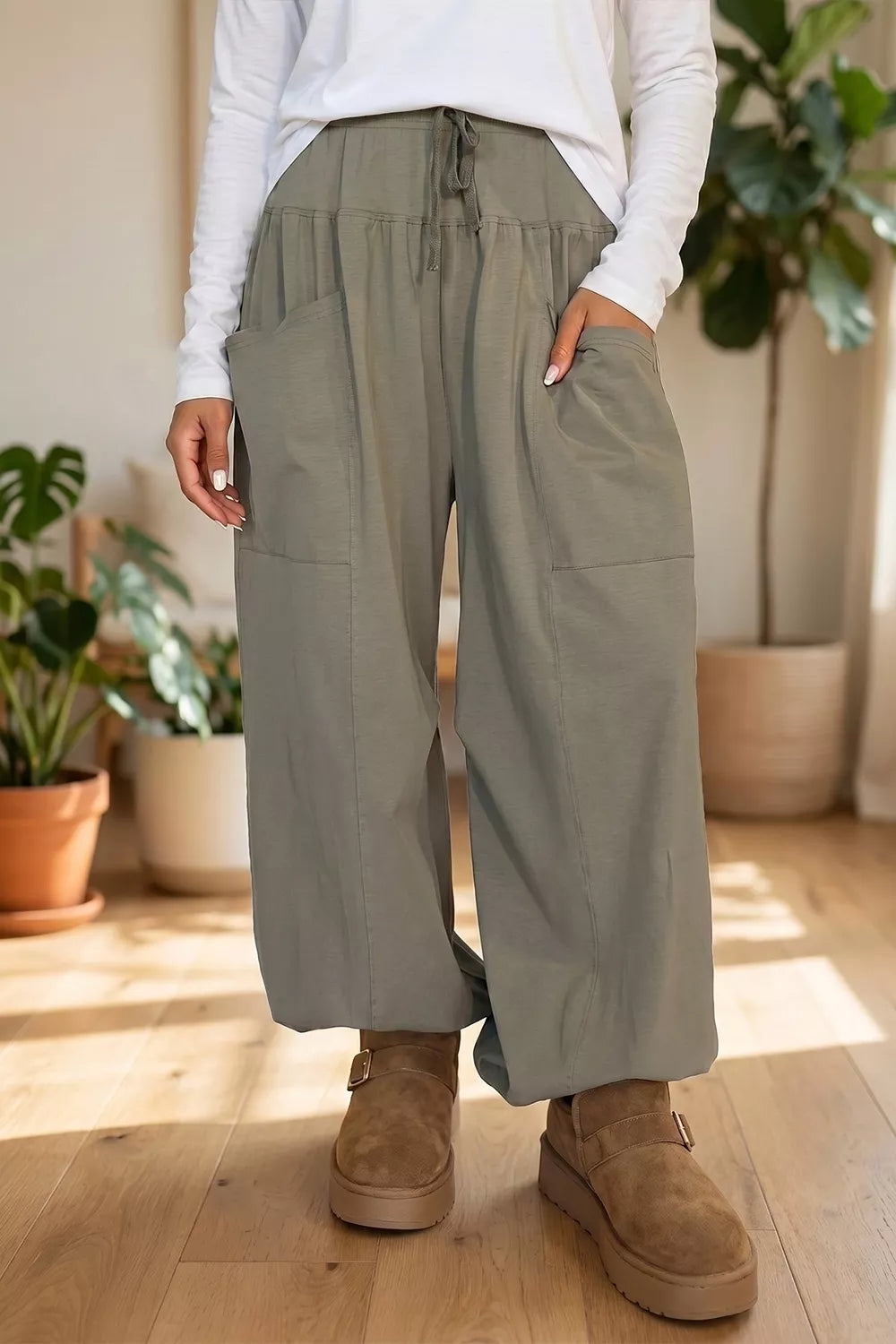 Elastic Waist Drawstring Wide Leg Full Length Pants