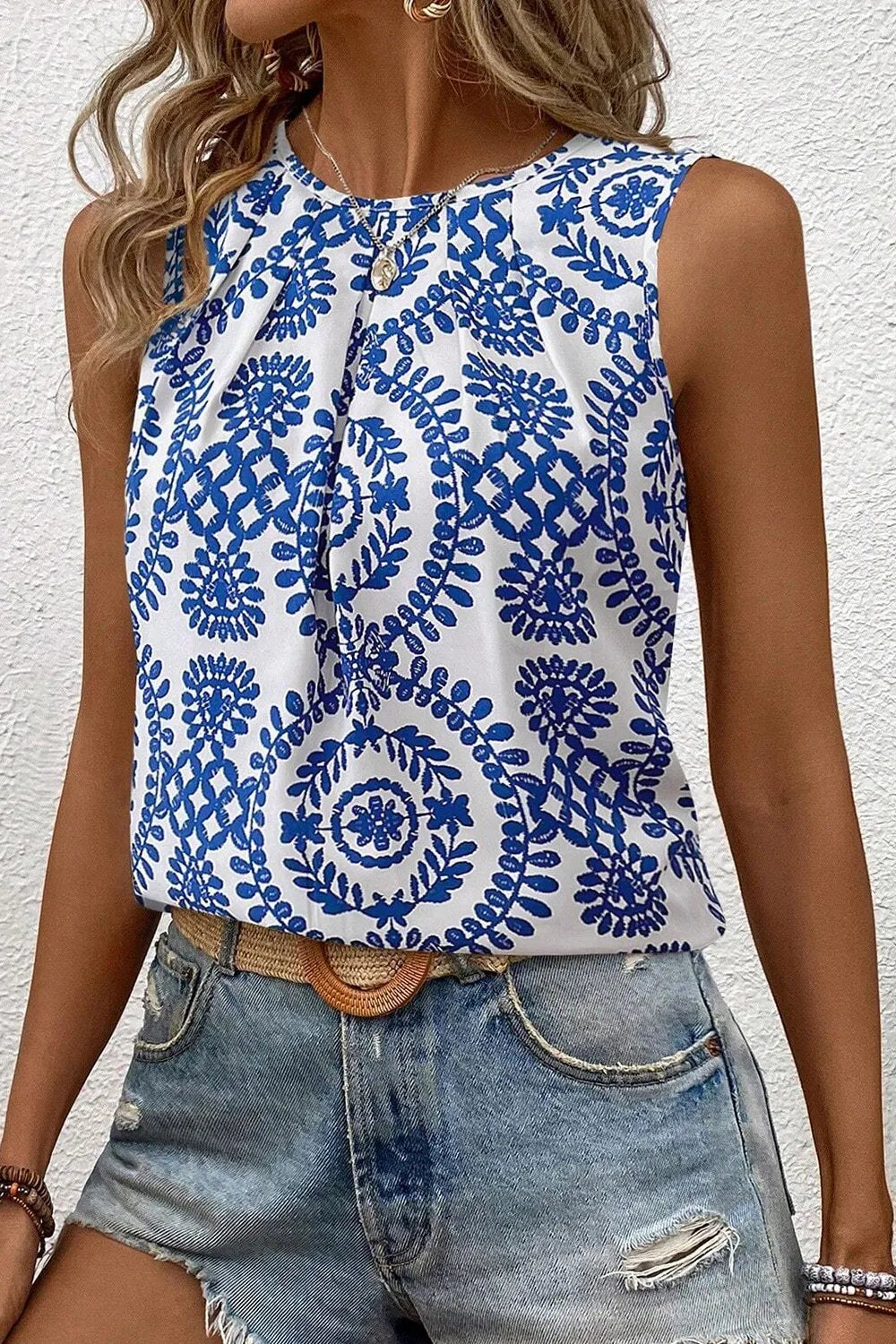 Printed Crew Neck Sleeveless Top - Lilixa.store