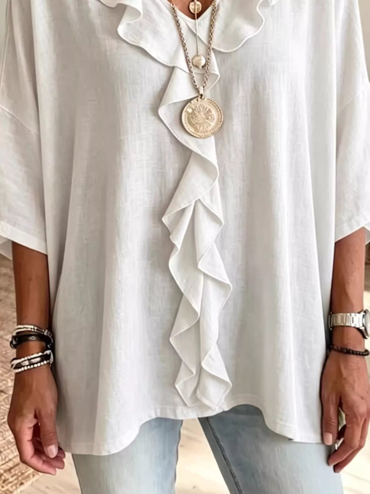 Full Size Ruffled V-Neck 3/4 Sleeve Blouse Plus Size, view 2