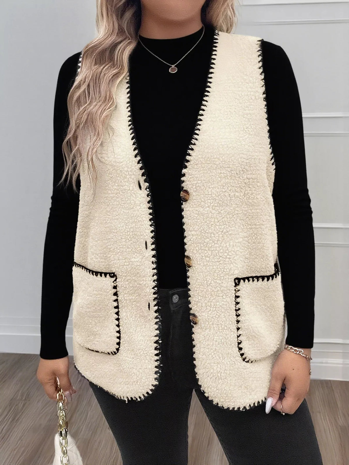 Plus Size Contrast Trim Button Up Vest Coat in Beige