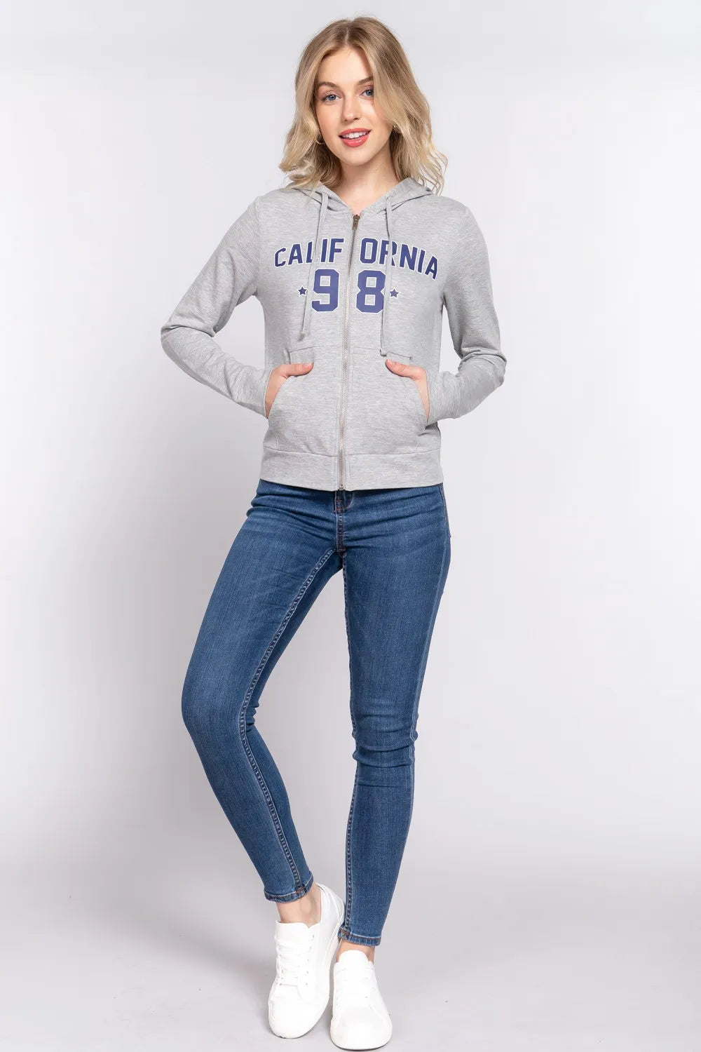 ACTIVE BASIC CALIFORNIA Zip Up Drawstring Long Sleeve Hoodie - Lilixa.store