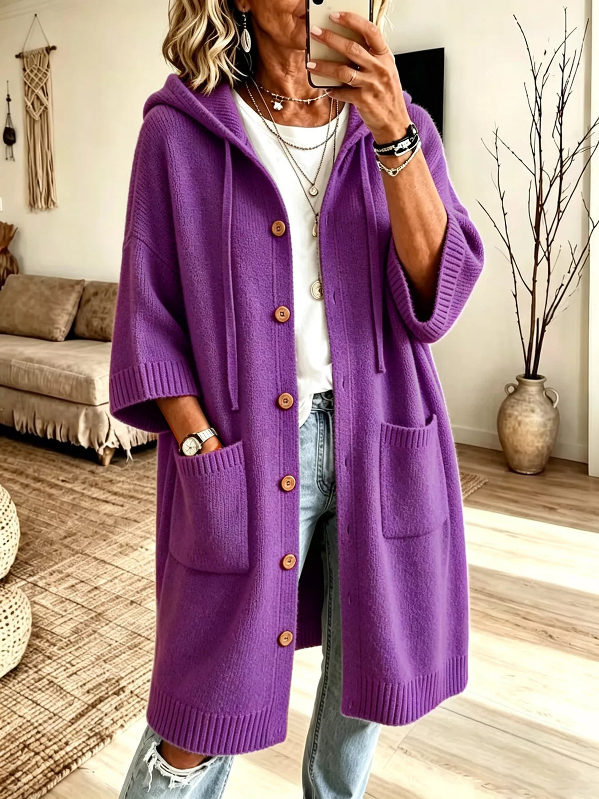 Hooded Button-Down Knit Cardigan with Pockets in Purple