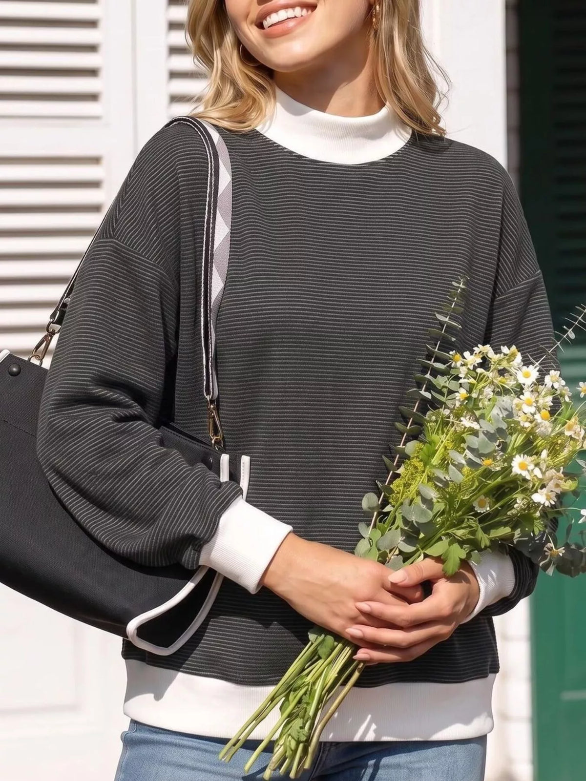 Casual Mock Neck Striped Long Sleeve T-Shirt