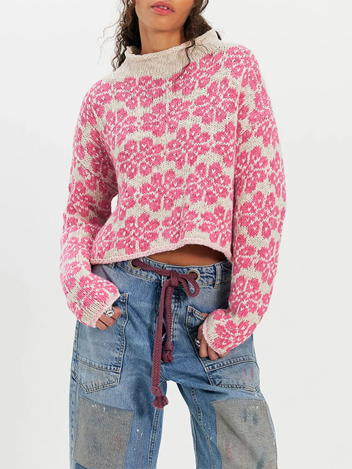Floral Contrast Trim Dropped Shoulder Sweater - Lilixa.store