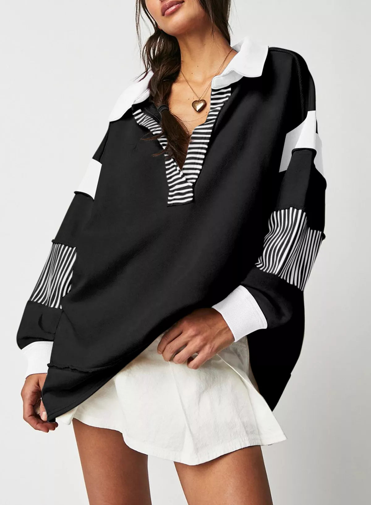 Color Block Striped Johnny Collar Sweatshirt - Lilixa.store