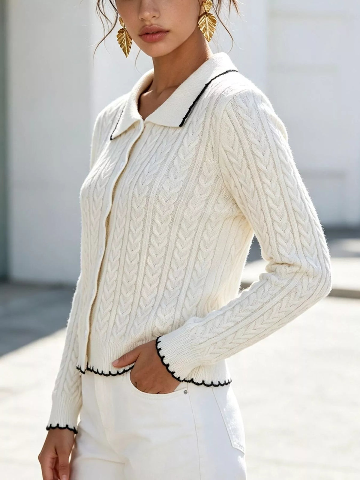 Cable Knit Polo Collar Button-Up Cardigan, view 7