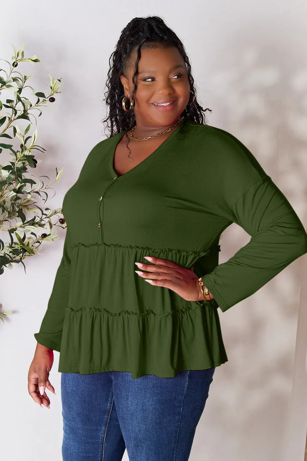 Double Take Half Button Long Sleeve Ruffle Hem Blouse - Lilixa.store