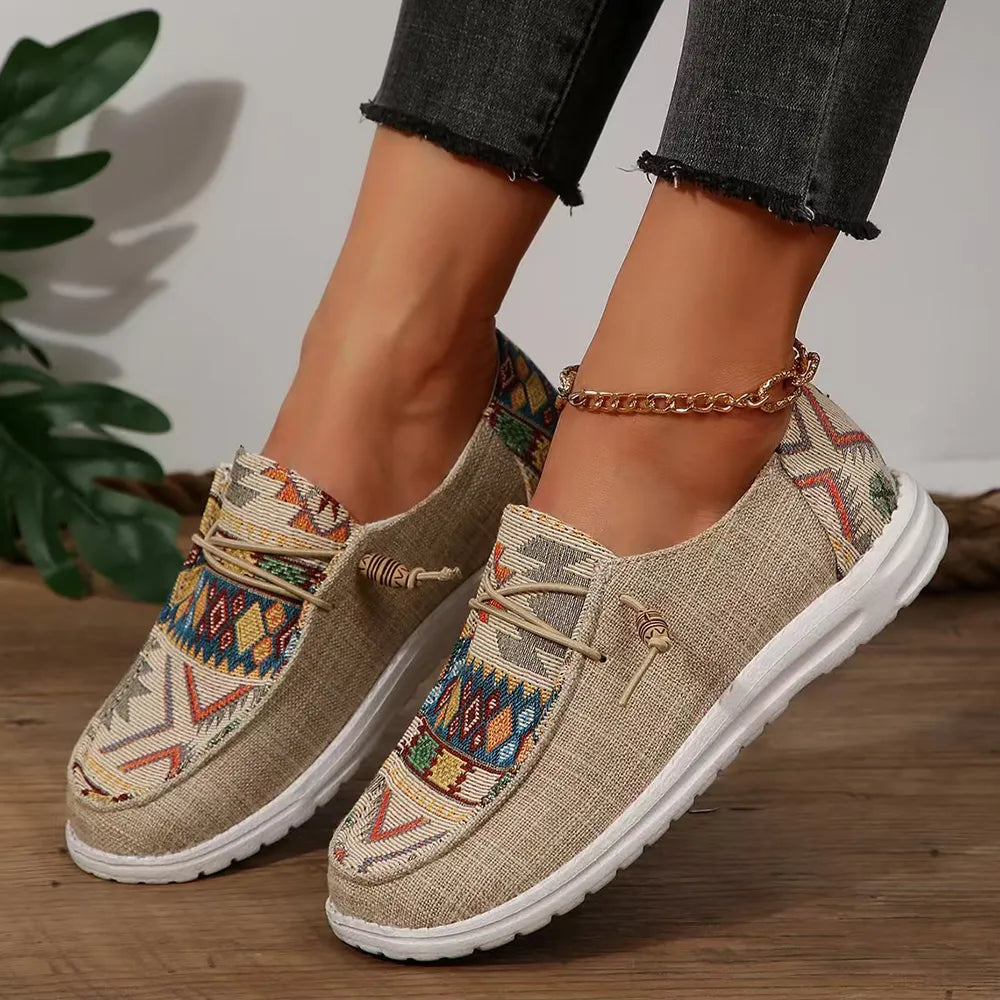 Geometric Round Toe Flat Slip-Ons in Tan