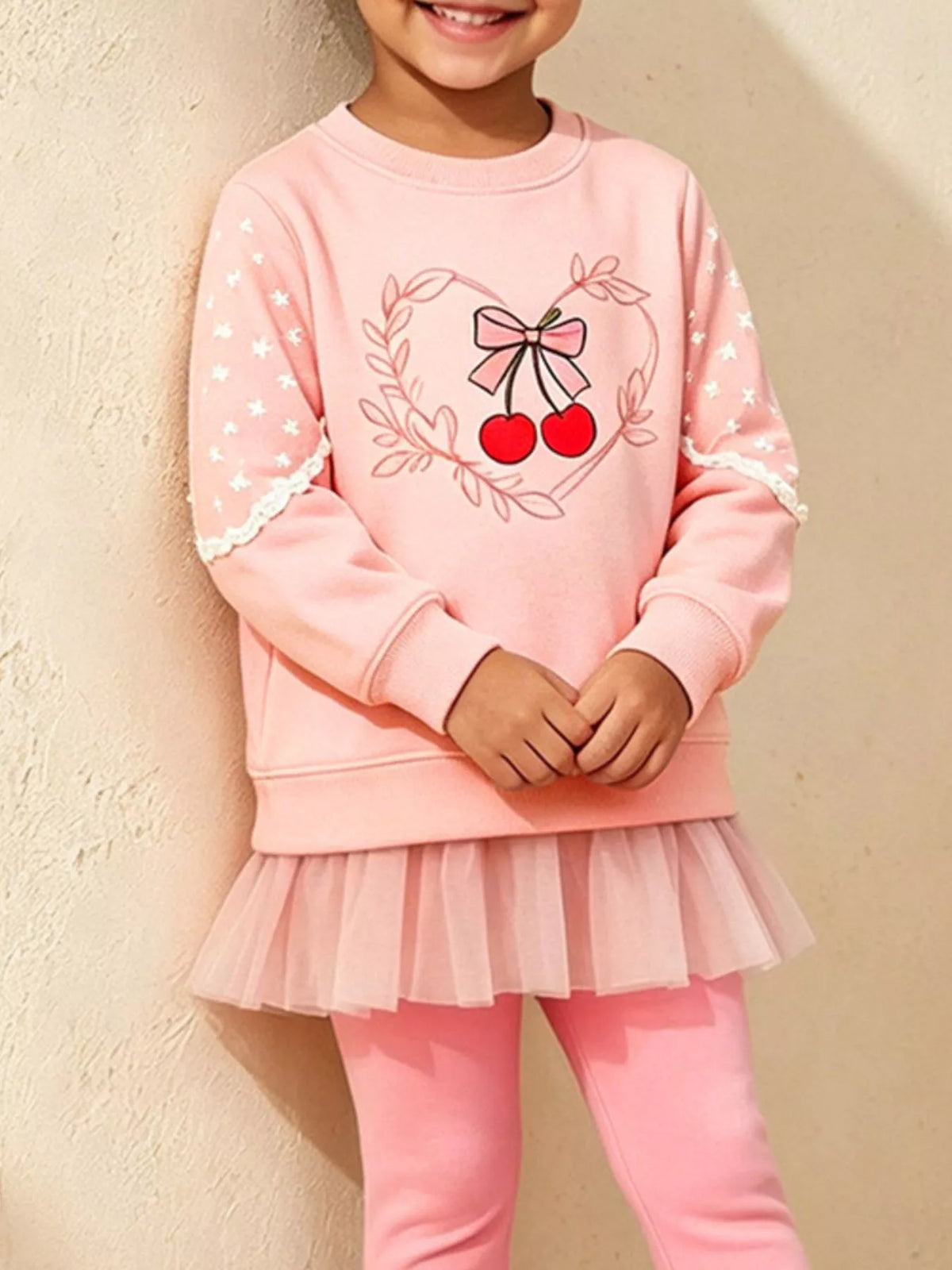 Children's Cherry Graphic Tulle Sweatshirt and Leggings Set in Blush Pink, view 4