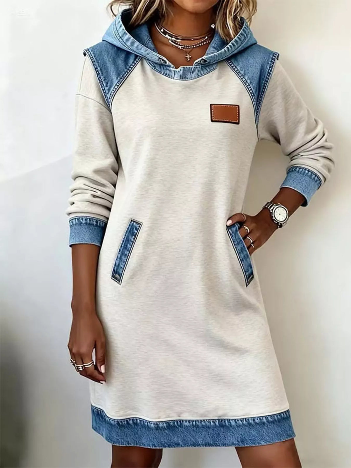 Full Size Denim Patchwork Hooded Sweatshirt Dress Plus Size - Lilixa.store
