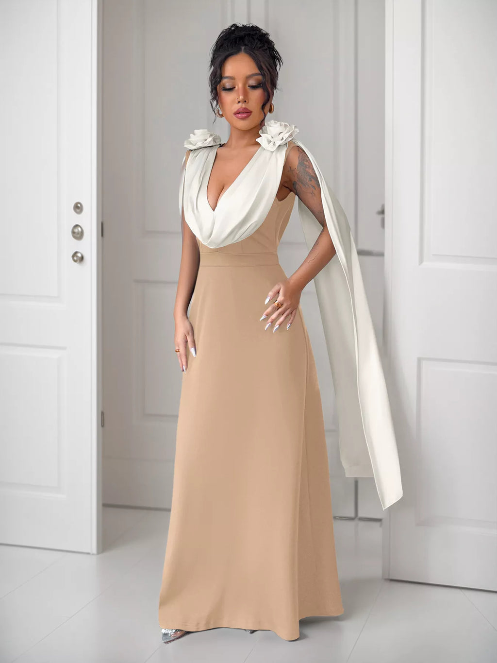 Floral Applique Two Tone Maxi Dress - Lilixa.store