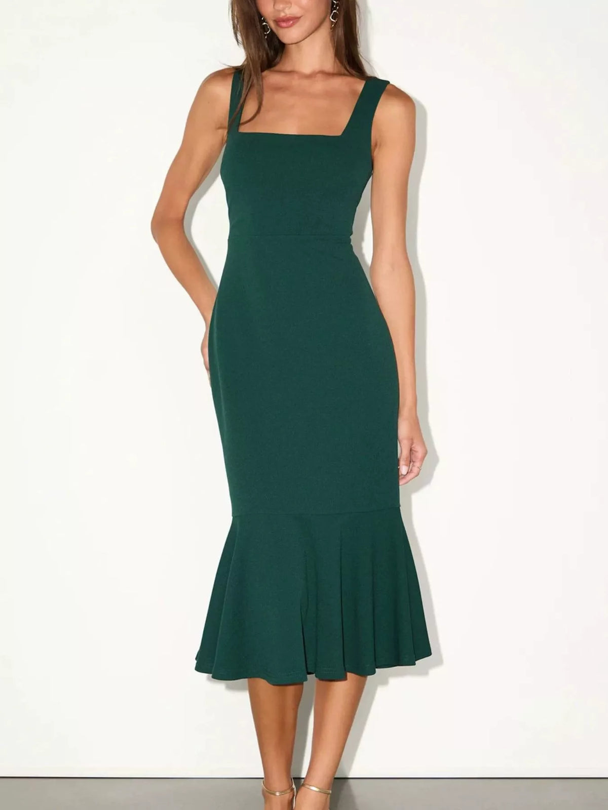 Sleeveless Square Neck Mermaid Midi Dress in Dark Green