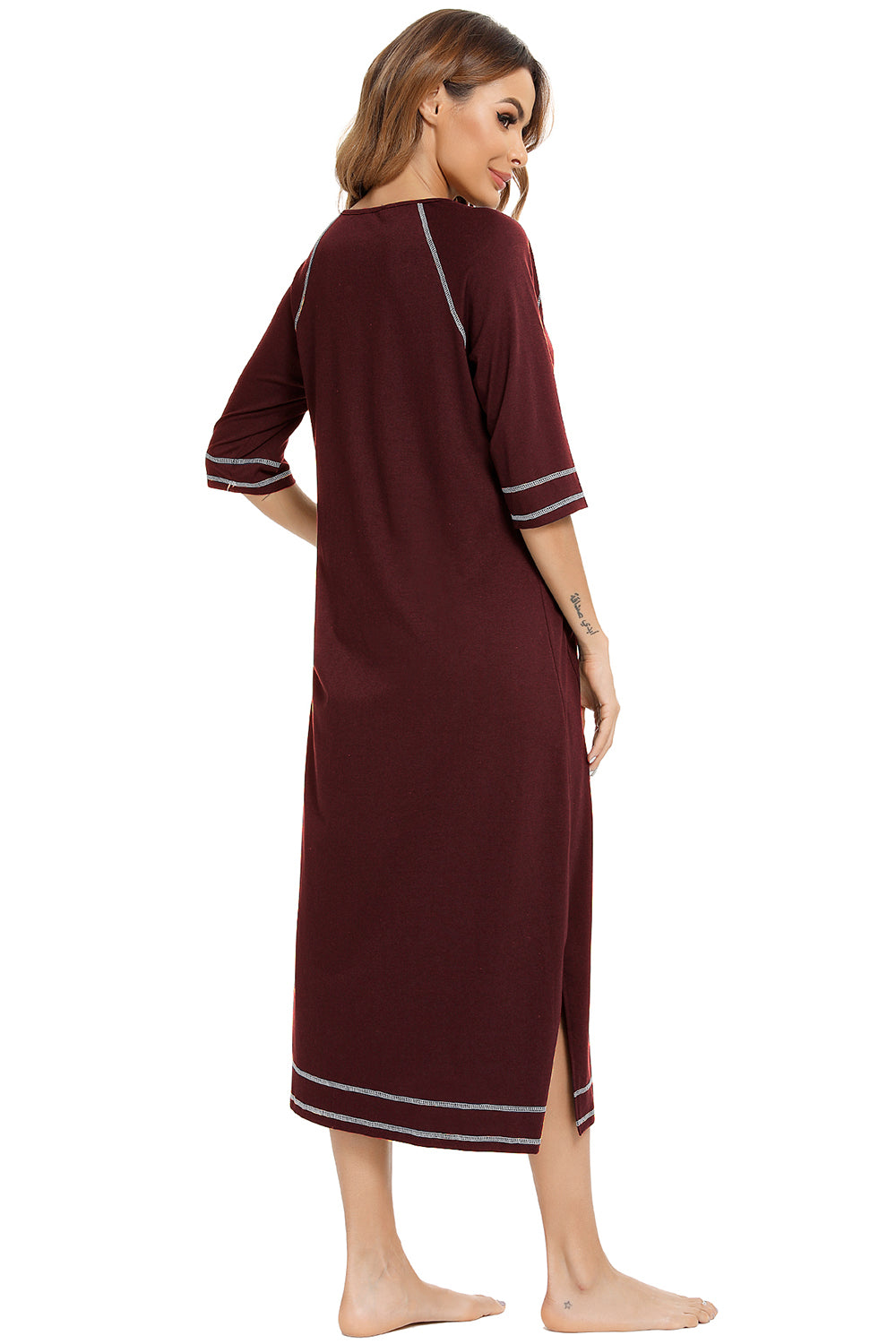 Zip Up Slit Round Neck Night Dress with Pockets - Lilixa.store