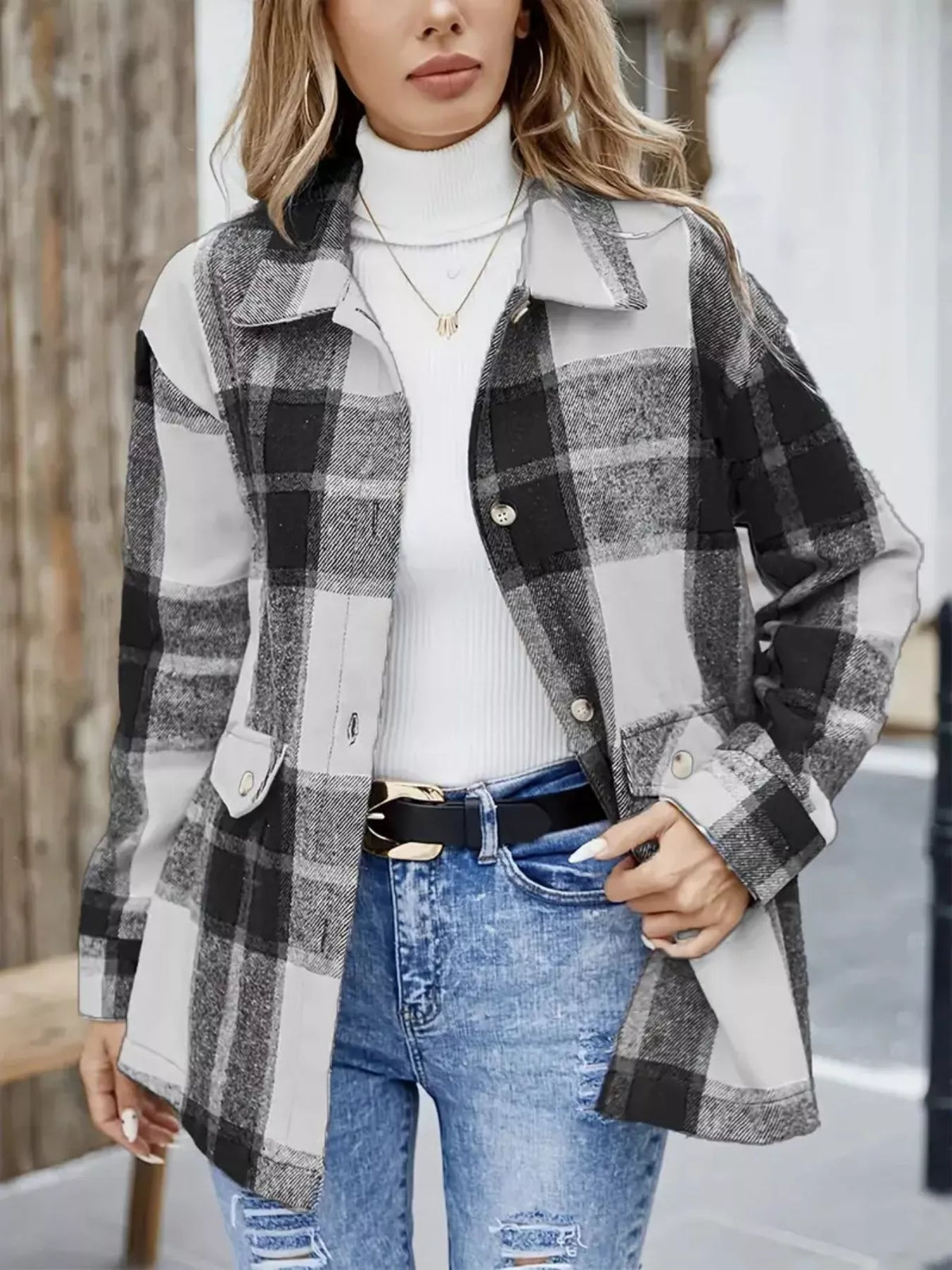 Plaid Button-Up Long Sleeve Shacket in Black