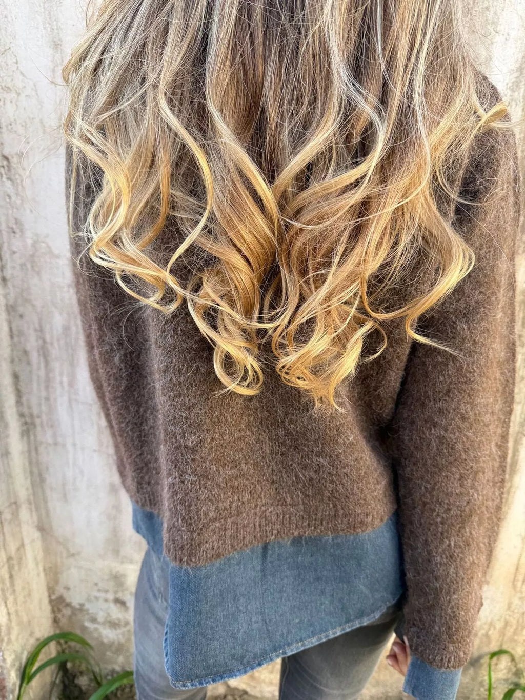 Contrast Denim Collar Half-Zip Knit Sweater, view 3