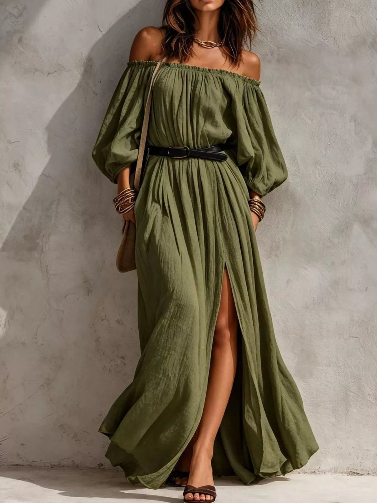 Boho Off-Shoulder Maxi Dress with Side Slit in Moss