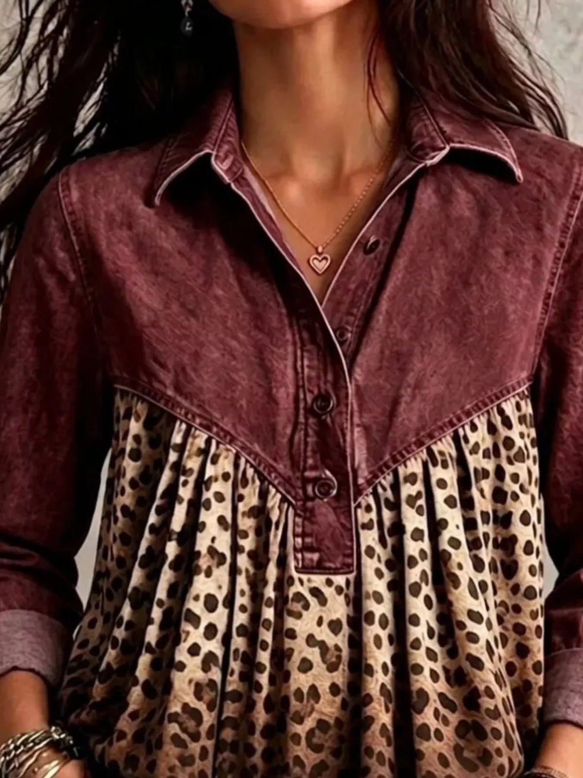 Full Size Leopard Button Detail Blouse Plus Size - Lilixa.store