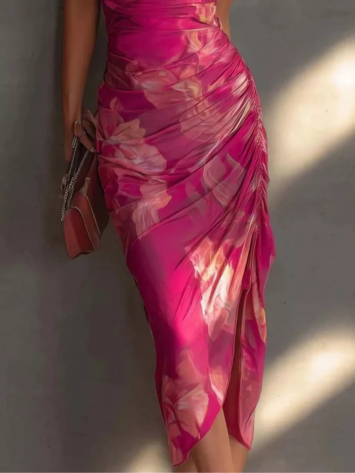 Floral Print Halter Neck Ruched Midi Dress in Rose Red, view 3