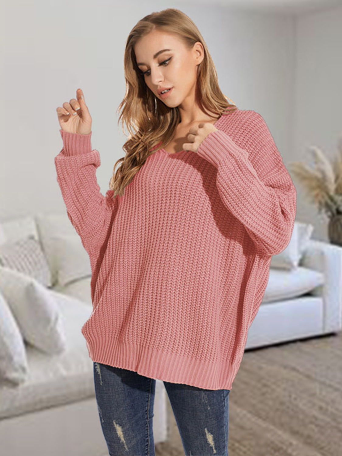 V-Neck Batwing Dropped Shoulder Sweater, view 3