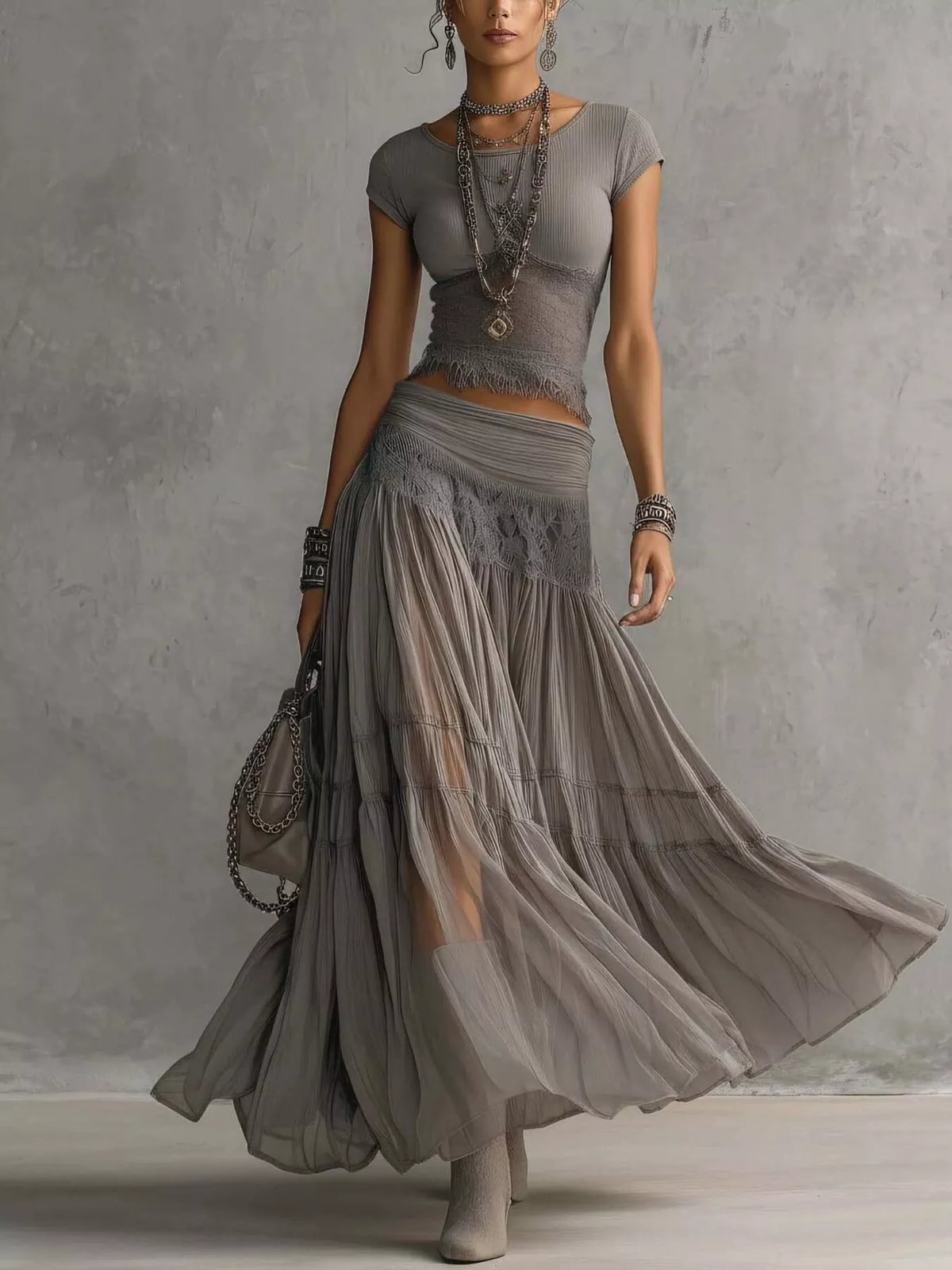 Lace Slim Fit Top and Maxi Skirt Set - Lilixa.store