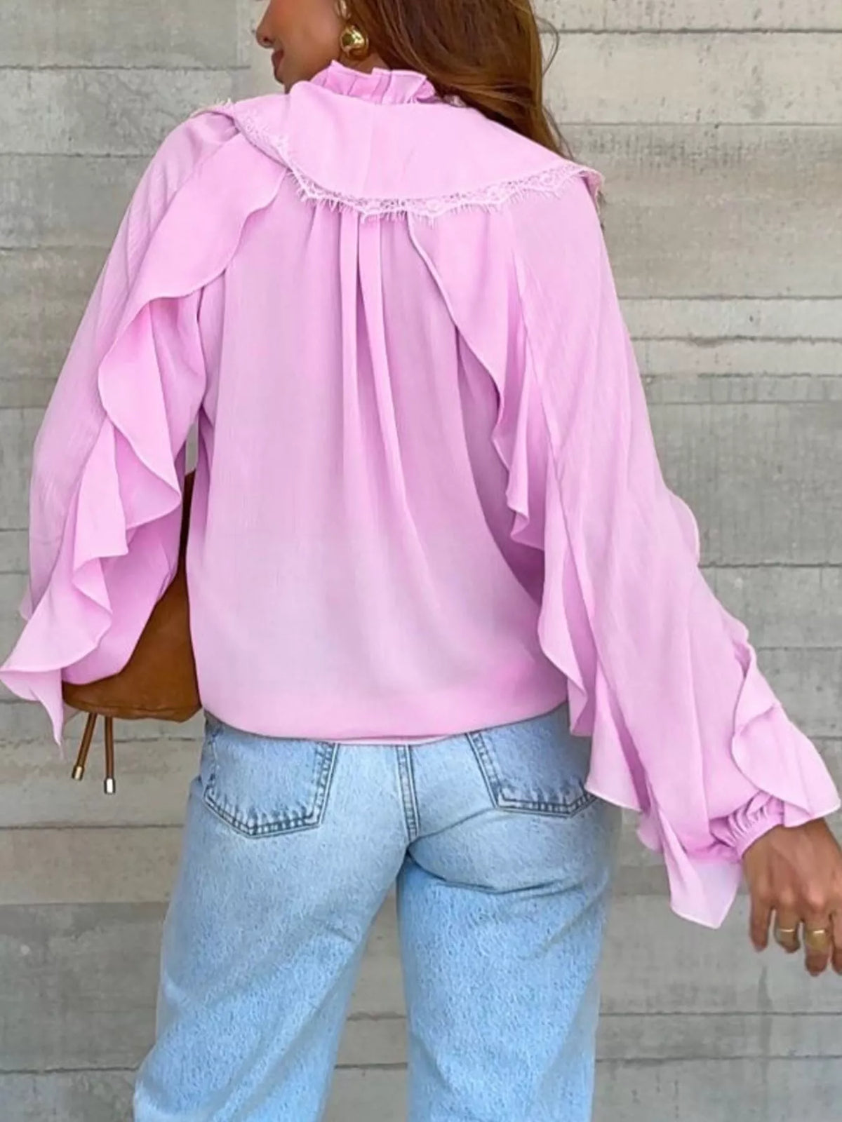 V-Neck Ruffled Lace Trim Blouse, view 11