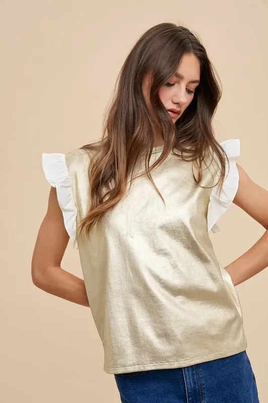 Annie Wear Mix Media Metallic Knit Ruffle Sleeve Top - Lilixa.store
