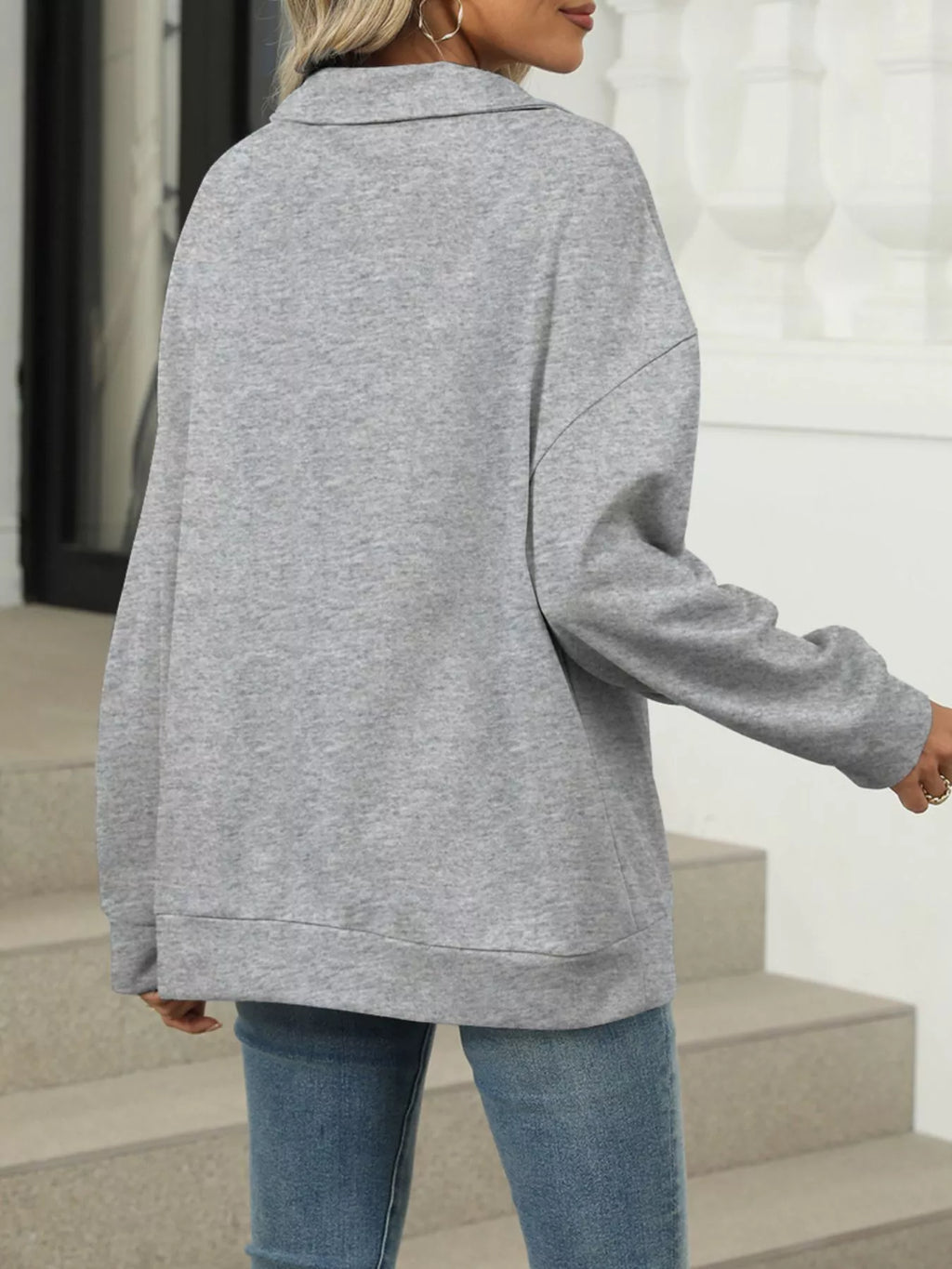 Johnny Collar Drop Shoulder Long Sleeve Sweatshirt - Lilixa.store