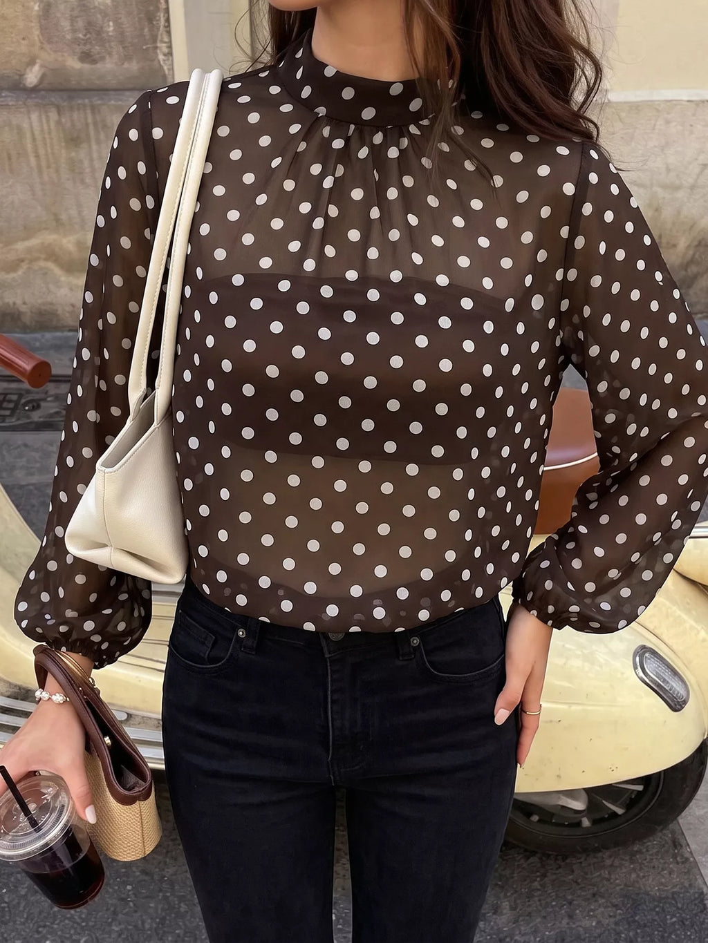 Polka Dot Mock Neck Long Sleeve Blouse - Lilixa.store