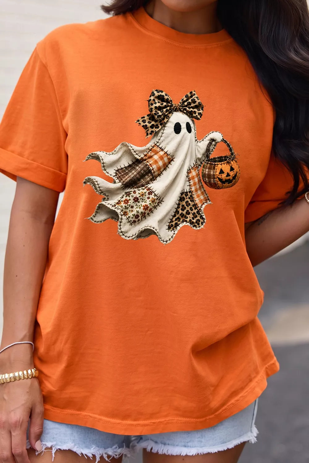 Halloween Ghost Graphic Short Sleeve T-Shirt in Orange, view 5