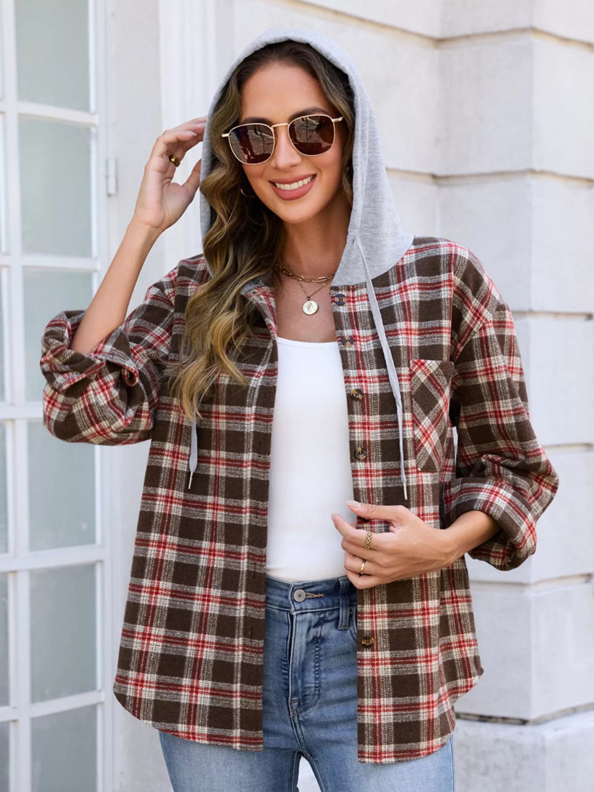 Hooded Plaid Button-Up Shacket, view 8