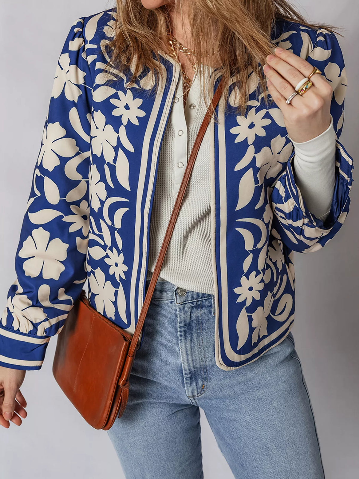 Flower Print Open Front Buttoned Cuffs Elegant Jacket in Dusty Blue, view 4