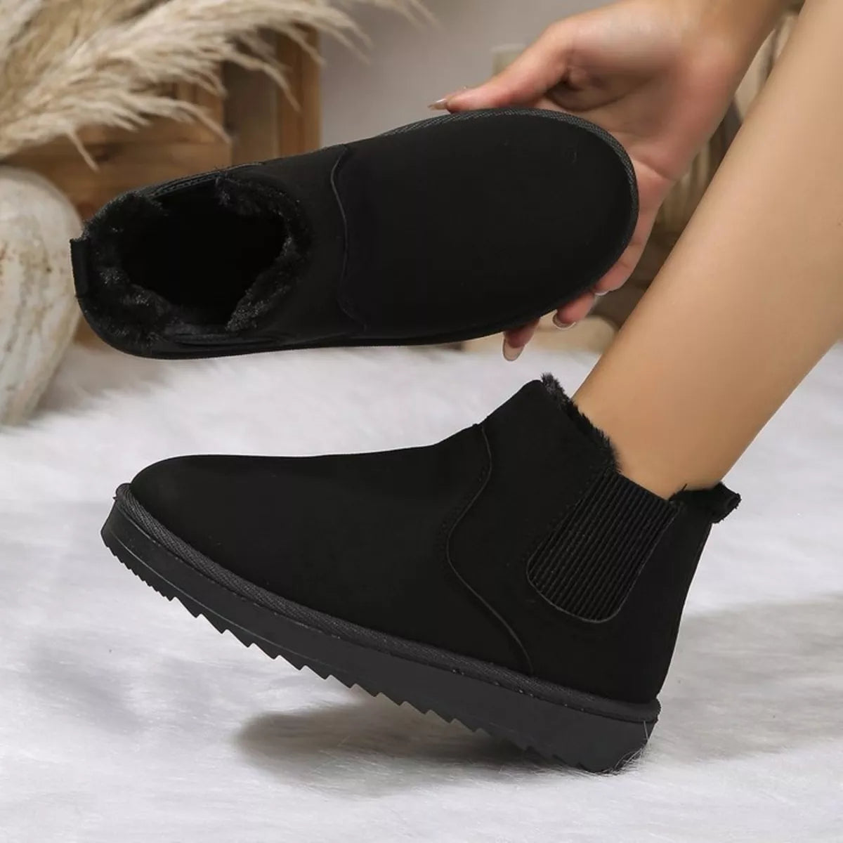 Plush Lined Slip-On Chelsea Winter Boots in Black