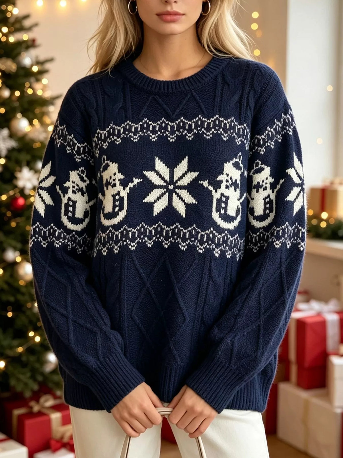 Christmas Snowman Pattern Cable Knit Sweater in Navy Blue