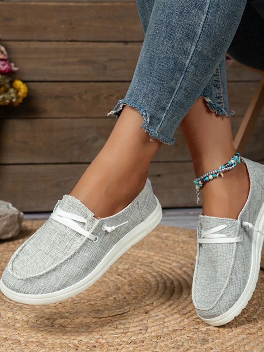 Lace Up Round Toe Slip-Ons in Light Gray