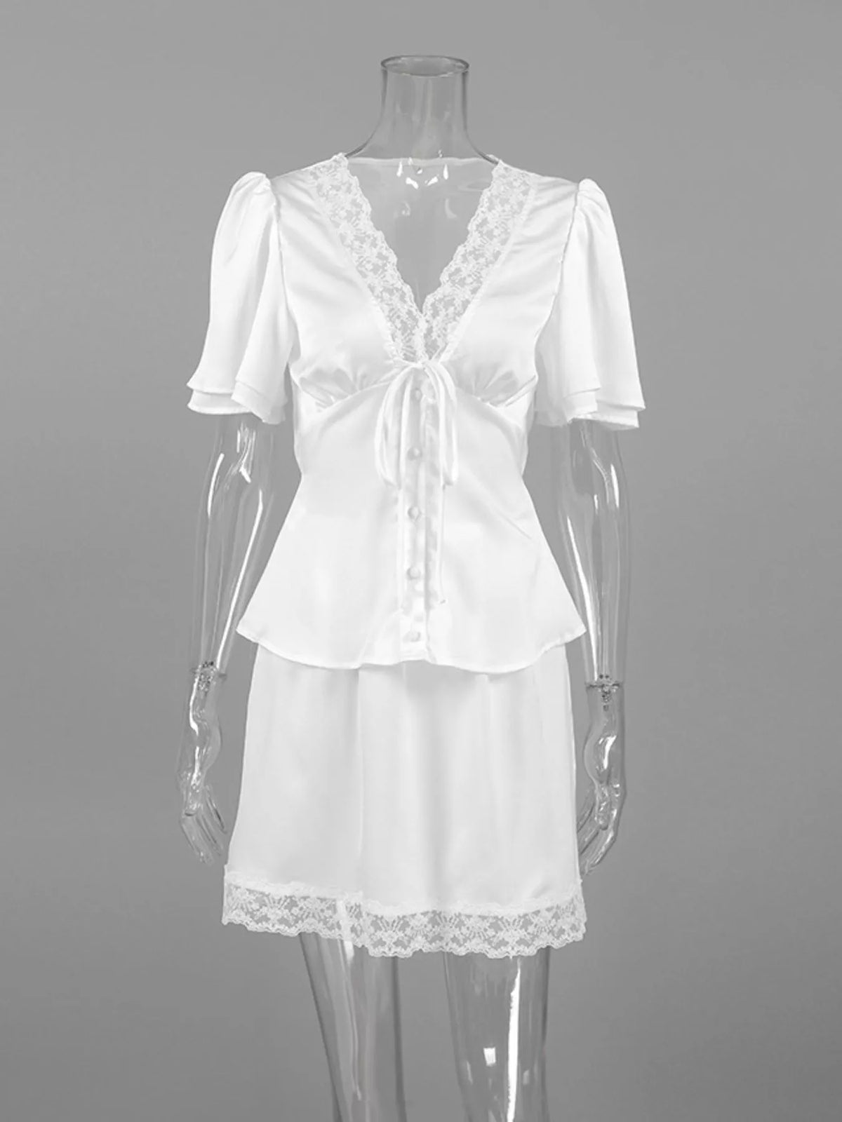 Lace Detail Short Sleeve Top and Skirt Set in White
