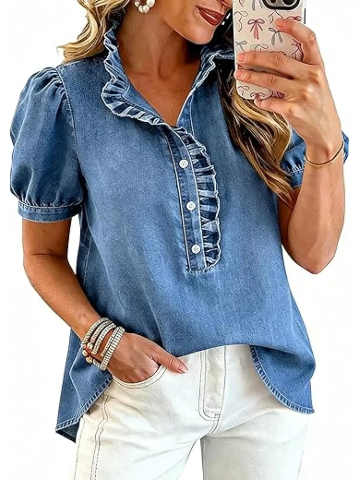 Frill Puff Sleeve Denim Top - Lilixa.store