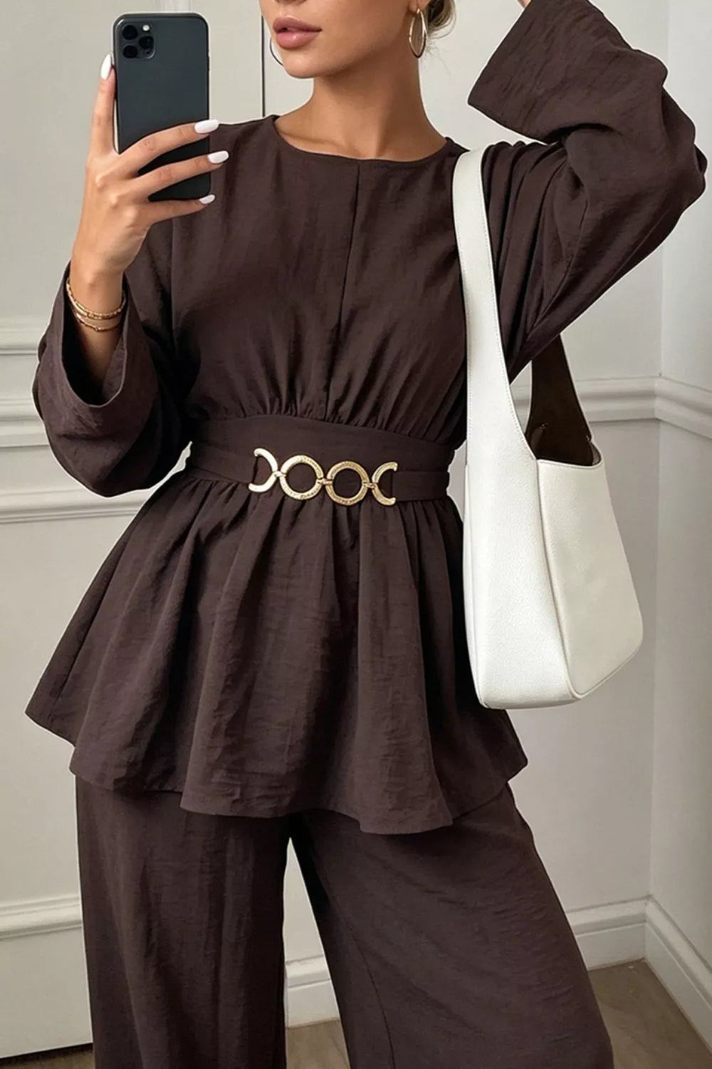 Metal Chain Waist Detail Top and Pants Set - Lilixa.store