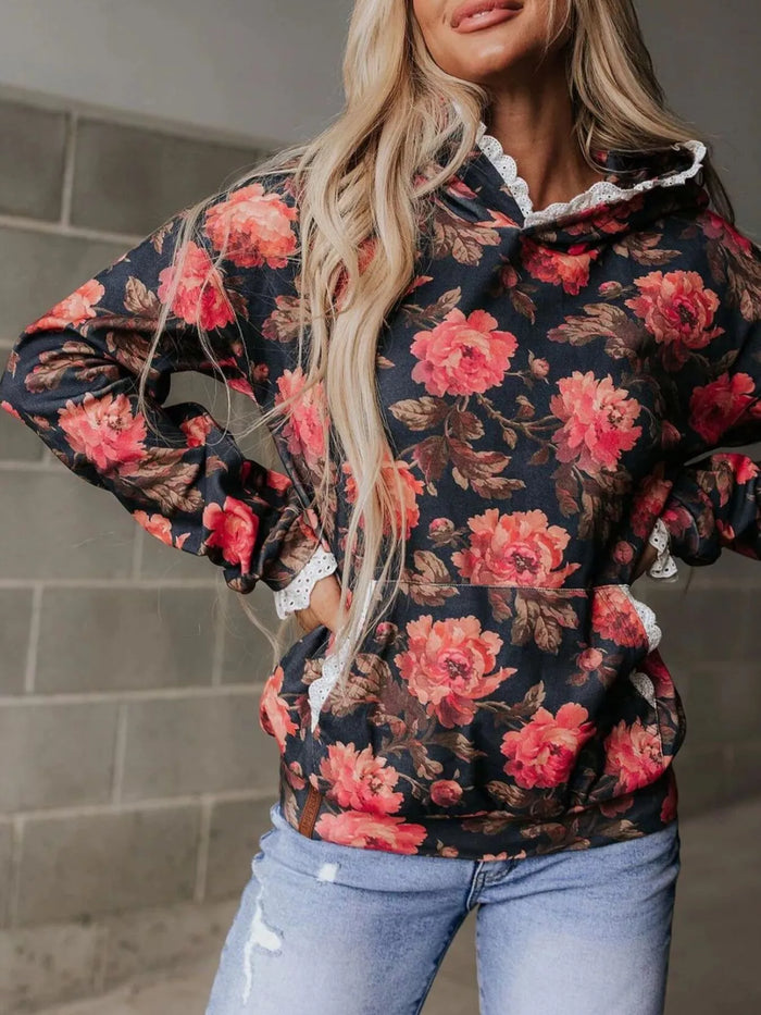 Lace Trim Kangaroo Pocket Hoodie - Lilixa.store
