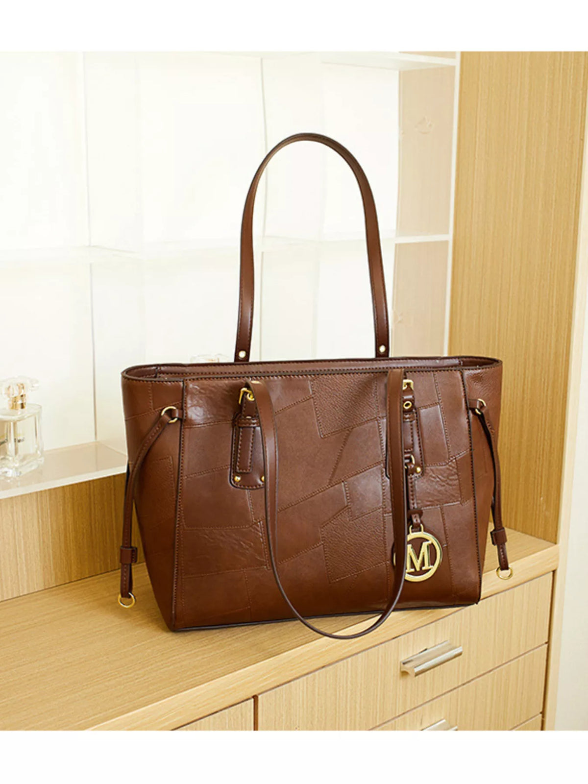 Patchwork Leather Tote Bag with Gold Logo Charm in Brown, view 9