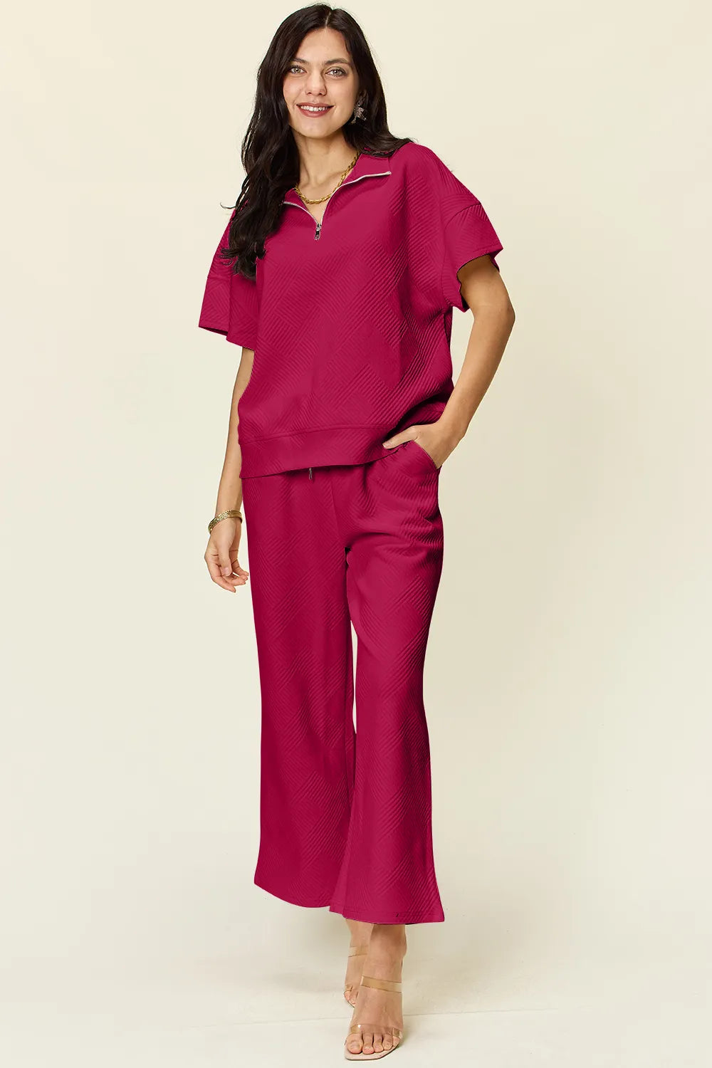 Double Take Full Size Texture Half Zip Short Sleeve Top and Pants Set, view 27
