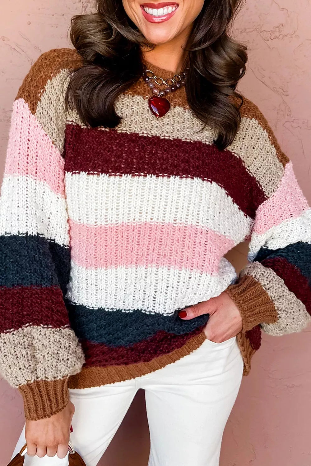 Striped Knit Dropped Shoulder Round Neck Sweater