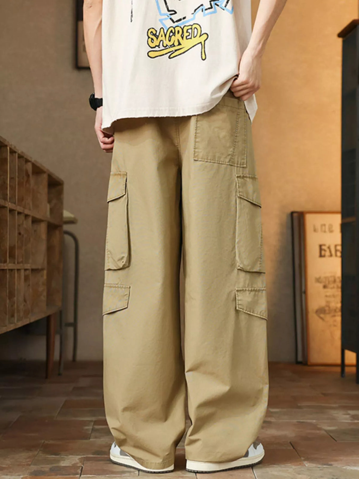 Men's Plus Size Loose Fit Cargo Pants with Drawstring, view 6