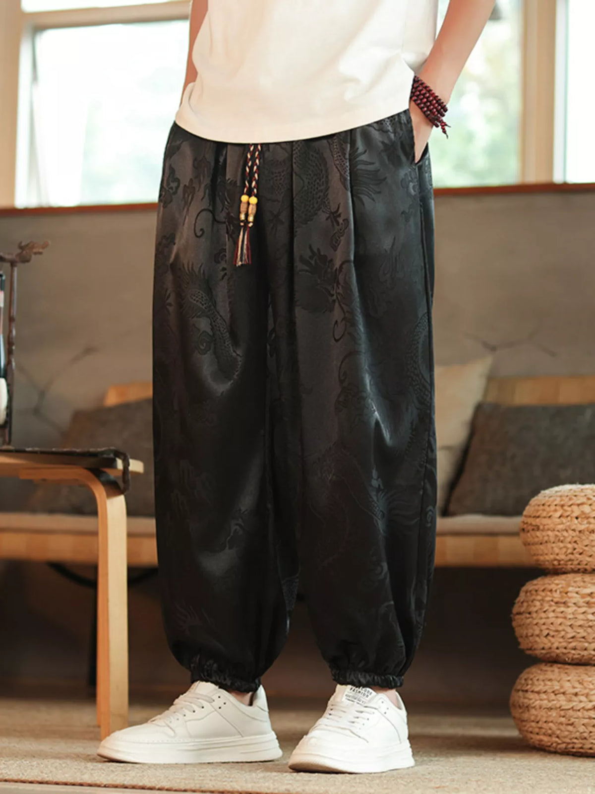 Men's Plus Size Dragon Pattern Silk Harem Pants in Black